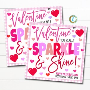 Valentijn Cadeau Tags, Je Sparkle and Shine, Girl Gem Ketting, Sieraden Glitter Vriendschap Armband, Kids Classroom School, Bewerkbare sjabloon