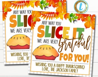 Thanksgiving Gift Tags, Grateful For You Pumpkin Pie Label, Fall Staff Teacher Volunteer Nurse Gift, Printable Bakery, DIY Editable Template