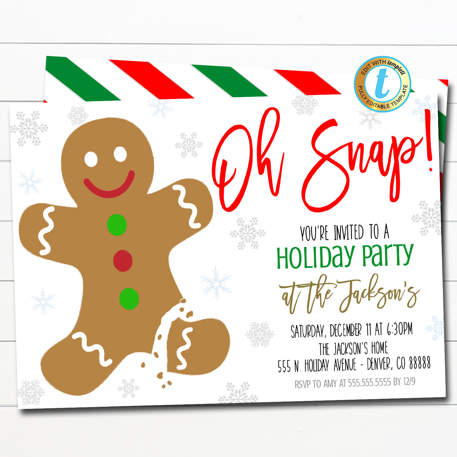 Oh Snap Christmas Party Invitation, Kids Gingerbread Cookie Birthday Preppy Invite, Holiday Cookie Exchange Party, DIY Editable Template