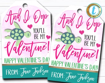 Könnte beinhalten: Zwei druckbare Valentinstag-Geschenk-Etiketten mit einer Cartoon-Meeresschildkröte mit dem Text "And I Dop You'll Be My Valentine! Happy Valentine's Day! From: Jane Jackson".