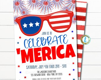 May include: A 4th of July party invitation with a red, white, and blue sunglasses graphic. The text reads "Join us to Celebrate 'Merica". The invitation includes details for the party, including the date, time, location, and RSVP information.