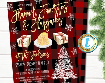 Puede incluir: Una invitación de cuadros rojos y negros con copos de nieve blancos. La invitación es para una fiesta de "Flannel, Favorites & Flapjacks" en casa de los Jacksons el sábado 11 de diciembre a las 6:30. La dirección es 555 N. Holiday Avenue, Denver, CO 88888. La invitación dice que traigas 3 de lo mismo de una de tus cosas favoritas y que te lleves 3 cosas nuevas increíbles. También dice que te pongas tu camisa de franela navideña y que confirmes tu asistencia a Amy al 555.555.5555 antes del 12/9.