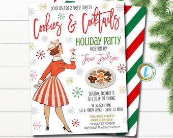 May include: A red and white Christmas party invitation with a retro illustration of a woman holding a cocktail. The invitation reads "Cookies & Cocktails Holiday Party Hosted by Jane Jackson" and includes details about the party, including the date, time, location, and RSVP information.