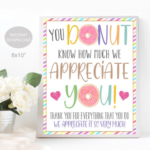 Donut Sign, Appreciation Week Decor, Teacher Staff Employee, Donut Know How Much We Appreciate you, Breakfast Brunch, School Pto, PRINTABLE