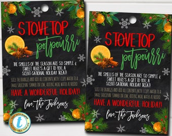 Etiquetas de regalo de popurrí de estufa, aroma navideño navideño, etiqueta de vela, idea de regalo para el personal del maestro de vacaciones, Papá Noel secreto, plantilla editable