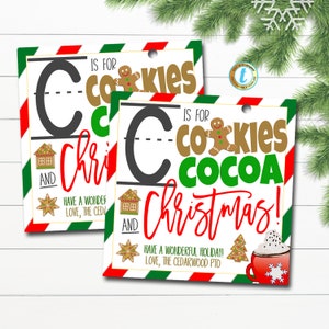 Etiquetas de regalo para maestros de Navidad, C es para cafeína y cacao, etiqueta navideña de galletas de agradecimiento para maestros, etiqueta de agradecimiento, plantilla editable de bricolaje