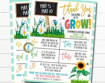 Printable Editable Floral Grow Bloom Theme Teacher and Staff Appreciation Itinerary Flyer Poster Schedule Events, Spring Garden Theme Invite