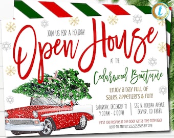 May include: A red vintage car with a Christmas tree on top. The car is driving towards a white building with a green and red striped awning. The text on the building reads "Cedarwood Boutique". The text on the invitation reads "Join us for a holiday Open House at the Cedarwood Boutique. Enjoy a day full of sales, appetizers & fun! Saturday, December 11, 9:00am - 6:00pm, 555 N. Holiday Avenue, Denver, CO 88888. First 100 people in the door get a free tote bag! RSVP to Amy at 555.555.5555 by 12/9."