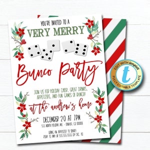Christmas Bunco Party Invitation, Adult Holiday Invite, Xmas Cocktail Games Party, Winter Party Editable Template, DIY Self-Editing Download