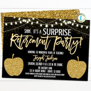 Bearbeitbare Lehrer Ruhestand Einladung Schwarz Golden Apple druckbare digitale einladen, Ruhestand Party Lichterketten Glitzer, SOFORTIGER DOWNLOAD