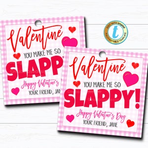 May include: Two pink and white gingham Valentine's Day gift tags with red hearts and the text "Valentine You Make Me So Slappy!"  The first tag says "Happy Valentine's Your Friend, Jan" and the second tag says "Happy Valentine's Day Your Friend, Jane".