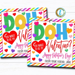Etiquetas de regalo de San Valentín, Doh quieres ser mi San Valentín, personal de profesores de la escuela de aula de regalo de juguete para niños, etiqueta de San Valentín, plantilla editable de bricolaje