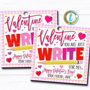 Valentinstag Bleistift Geschenk Tags, You're Just Write School Valentine Tag, Klassenzimmer Schullehrer Tag Staff Kinder Valentine, DIY bearbeitbare Vorlage