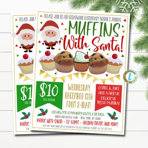 Muffin modificabili con volantino di Babbo Natale, colazione con invito di Babbo Natale Festa di Natale per bambini stampabile, volantino per raccolta fondi per le vacanze comunitarie