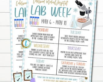 May include: A blue and white checkered printable poster with the text "Cedarwood Medical Hospital Lab Week May 6 - May 10". The poster has a schedule of events for each day of the week, including donuts, tacos, coffee, and muffins.