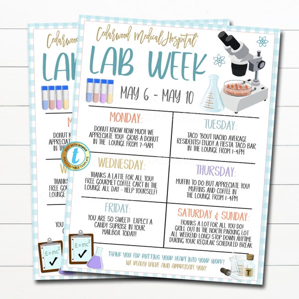 Lab Appreciation Week Reiseplan Poster, druckbare digitale Datei, National Lab Week Plan Events Medizintechnik Staff Event EDITIERBARE VORLAGE