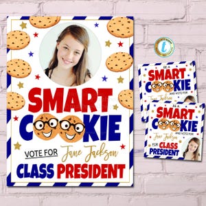 Smart Cookie Class-stemposter en traktatie-tags set, schoolverkiezingsstemming voor klas presidentcampagne, flyer voor studentenregering, BEWERKBAAR