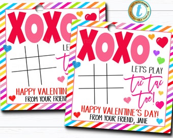 May include: Two printable Valentine's Day tic-tac-toe cards with a rainbow striped background. The cards feature the text "XOXO" and "Let's Play Tic Tac Toe!" with hearts and the message "Happy Valentine's Day! From your friend, Jane".