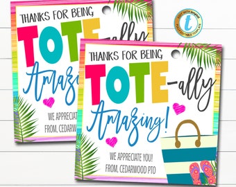 Tote Bag Gift Tag, School pto pta Thanks for being tote-ally amazing, Beach theme Teacher Appreciation End Of School Year, Editable Template