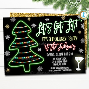 Christmas Party Invitation Funny, Digital Template, Adult Holiday Invite, Let&#39;s get Lit Neon Light, Xmas Cocktails season, Editable Template
