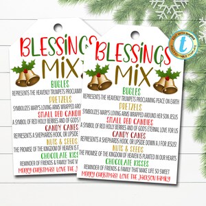 May include: Two printable Christmas gift tags with a red and green colour scheme. The tags feature the text "Blessing Mix" and a list of Christmas treats and their symbolic meanings. The text includes "Bugles", "Pretzels", "Small Red Candies", "Candy Canes", "Nuts & Seeds", and "Chocolate Kisses".