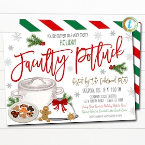 May include: A red and white striped invitation for a holiday faculty potluck hosted by the Cedarwood PTO. The invitation includes details about the event, including the date, time, location, and RSVP information.