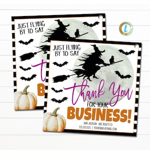 ハロウィーンのビジネス紹介ギフトタグ、ホーカス ポーカスが飛んでくる、甘い不動産取引、秋の魔女マーケティング ポップバイタグ編集可能テンプレート