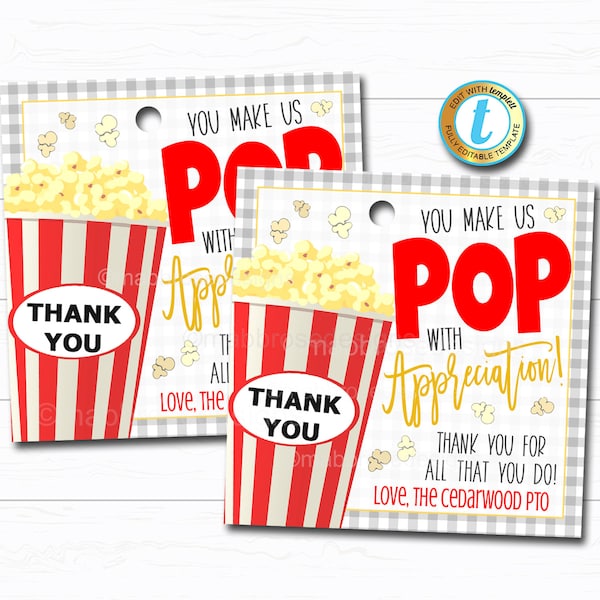 Etiqueta de presente de pipoca, professor voluntário, funcionário, escola, pto pta, presente da semana de apreciação, poppin para dizer obrigado, modelo editável DIY