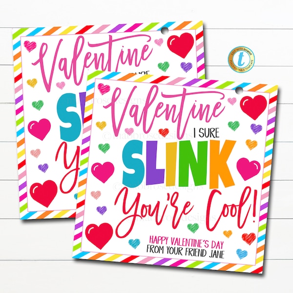 Tag regalo Slinky di San Valentino, I Slink You're Cool, Giocattolo di San Valentino, Idea tag per biglietti scolastici per l'amicizia per bambini, modello modificabile fai da te