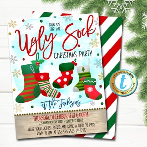Ugly Sock Christmas Party Invitation, Modern Xmas Rustic Farmhouse Invite Holiday Ugly Sweater Adult Cocktail Party DIY Editable Template