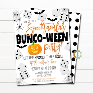 May include: A Halloween party invitation with a black and white polka dot background. The invitation features a pumpkin, bats, dice, and a spider web. The text reads "Join us for a Spooktacular Bunco-ween Party! Let the spooky times roll! at the Andrew's home October 30 at 6:00pm 555 North Bunco Ave. Denver, CO 88888 Bring an appetizer to share. Costumes required. RSVP to Amy at 555.555.5555 by March 10."