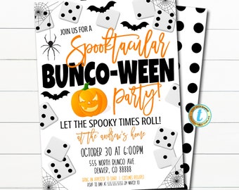 May include: A Halloween party invitation with a black and white polka dot background. The invitation features a pumpkin, bats, dice, and a spider web. The text reads "Join us for a Spooktacular Bunco-ween Party! Let the spooky times roll! at the Andrew's home October 30 at 6:00pm 555 North Bunco Ave. Denver, CO 88888 Bring an appetizer to share. Costumes required. RSVP to Amy at 555.555.5555 by March 10."
