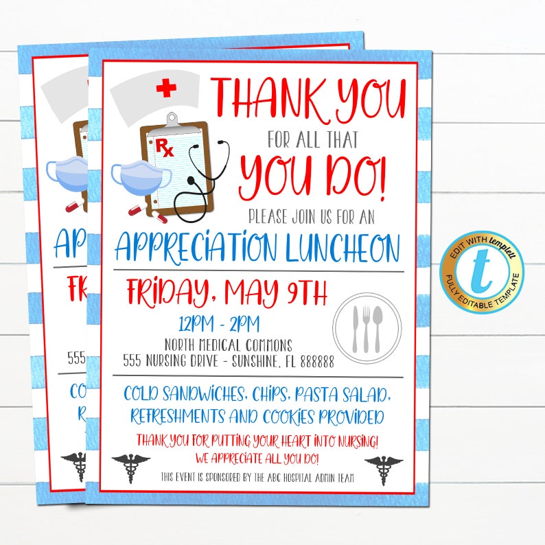 Hospital Staff Nurse Appreciation Week INSTANT DOWNLOAD Template Thank You Healthcare Workers Event Nurse Appreciation Luncheon Invitation