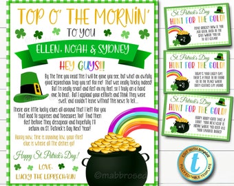St. Patrick&#39;s Day Scavenger Hunt Game, Printable Clue Cards, Kids Treasure Hunt Activity, Letter From The Leprechaun, DIY Editable Template