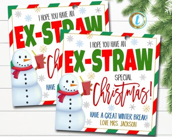 Christmas Straw Gift Tags, Hope You Have an Ex-straw Special Christmas, Silly Crazy Straw, Kids Classroom School Holiday, Editable Template