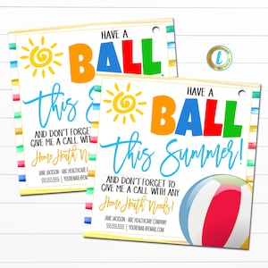 May include: Two summer-themed cards with the text "Have a Ball this Summer!" and a beach ball graphic. The cards feature a sun illustration and colorful borders. Includes contact information for Home Heath Needs.
