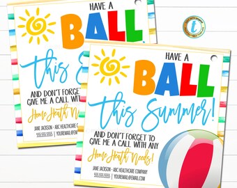 May include: Two summer-themed cards with the text "Have a Ball this Summer!" and a beach ball graphic. The cards feature a sun illustration and colorful borders. Includes contact information for Home Heath Needs.