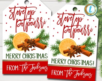 Etiquetas de regalo de popurrí de estufa, aroma navideño navideño, etiqueta de vela, idea de regalo para el personal del maestro de vacaciones, Papá Noel secreto, plantilla editable