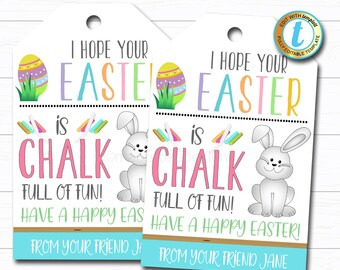 May include: Two pastel blue and white gift tags with a bunny rabbit and an Easter egg design. The text on the tags reads "I hope your Easter is chalk full of fun! Have a happy Easter! From your friend [name]"