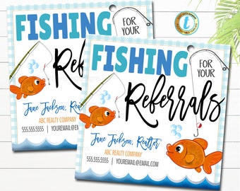 May include: Two printable fishing themed referral cards with a blue and white checkered background. The cards feature a cartoon fish on a fishing line with the text "Fishing for your referrals". The cards also include the text "Jane Jackson, Realtor" and contact information.