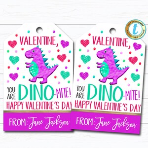 Etiquetas de dinossauro dos namorados, você é Dino-Mite, etiqueta dos namorados para namorada, equipe de professores da escola para crianças, modelo editável DIY
