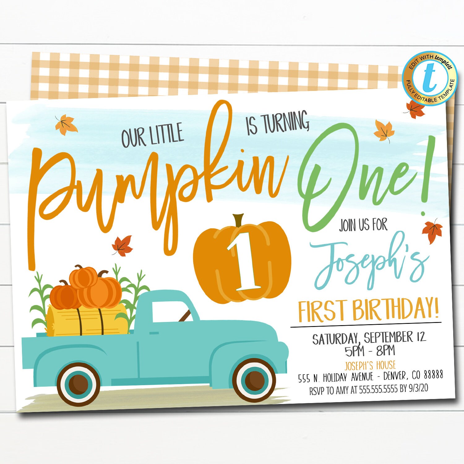 Our Little Pumpkin Birthday Invitation, Fall Boy First Little Blue ...