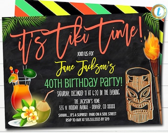 Tiki Bar Party Invitation, Birthday Party Celebration, Digital Drinks & Cocktails Party Invite, Summer Fun Beach Tropical, EDITABLE TEMPLATE