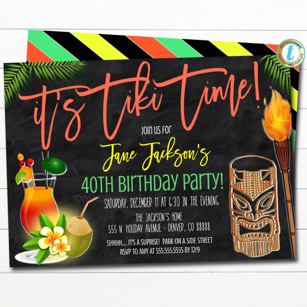 Tiki Bar Party Invitation, Birthday Party Celebration, Digital Drinks & Cocktails Party Invite, Summer Fun Beach Tropical, EDITABLE TEMPLATE