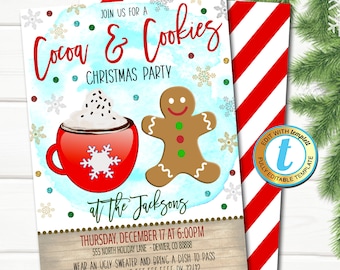May include: A Christmas party invitation with a watercolor background featuring a red mug of hot cocoa with whipped cream and a gingerbread man. The text reads "Join us for a Cocoa & Cookies Christmas Party at the Jacksons" with the date and time of the party, address, and RSVP information.