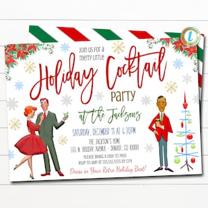 Retro Christmas Cocktail Party Invitation Vintage Holiday Adult Party Invite, Mid Century Modern Xmas Happy Hour Bar Party Editable Template
