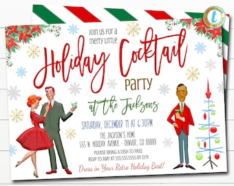 Può includere: Un invito a una festa di Natale in stile retrò con uno schema di colori rosso e verde. L'invito presenta una coppia che balla, un uomo che tiene un cocktail e un albero di Natale stilizzato. Il testo recita "Holiday Cocktail Party at the Jacksons, Saturday, December 11 at 6:30 PM, The Jackson's Home, 555 N. Holiday Avenue - Denver, CO 88888, Please bring a dish to pass, RSVP to Amy at 555.555.5555 by 12/9, Dress in Your Retro Holiday Best!"