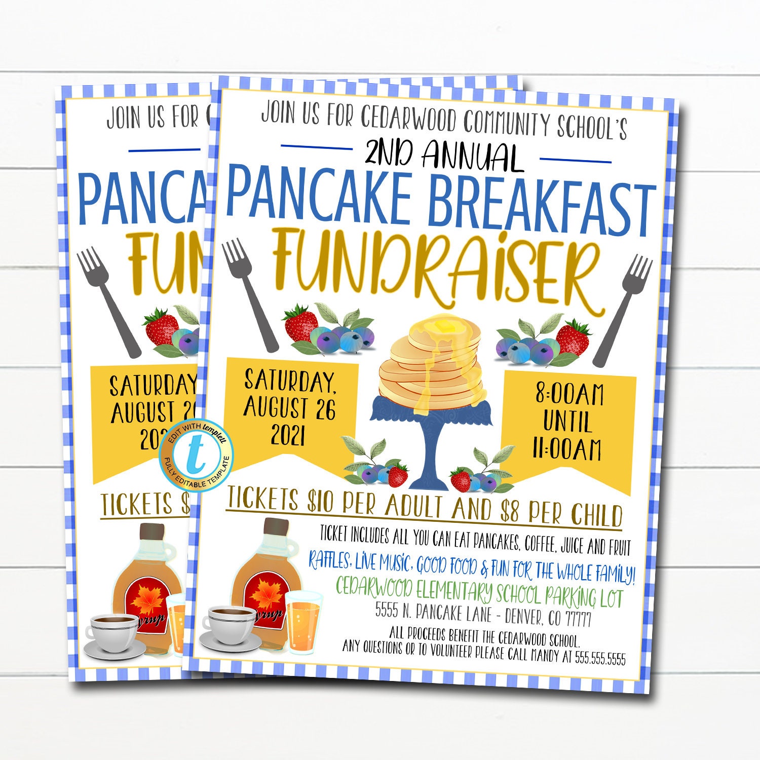 Editable Pancake Breakfast Fundraiser Flyer Poster Set Pto Etsy