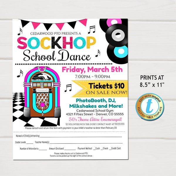 Sock Hop School Dance Flyer, 50's theme School Dance, Church Pto Pta, Kids Fifties Decades Dance Party Invite Fundraiser, EDITABLE Template