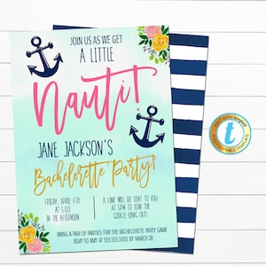 Nautical Bachelorette Party Invite, Let&#39;s get Nauti Girls Coastal Beach Boat Party, Digital Bridal Invite INSTANT DOWNLOAD Editable Template